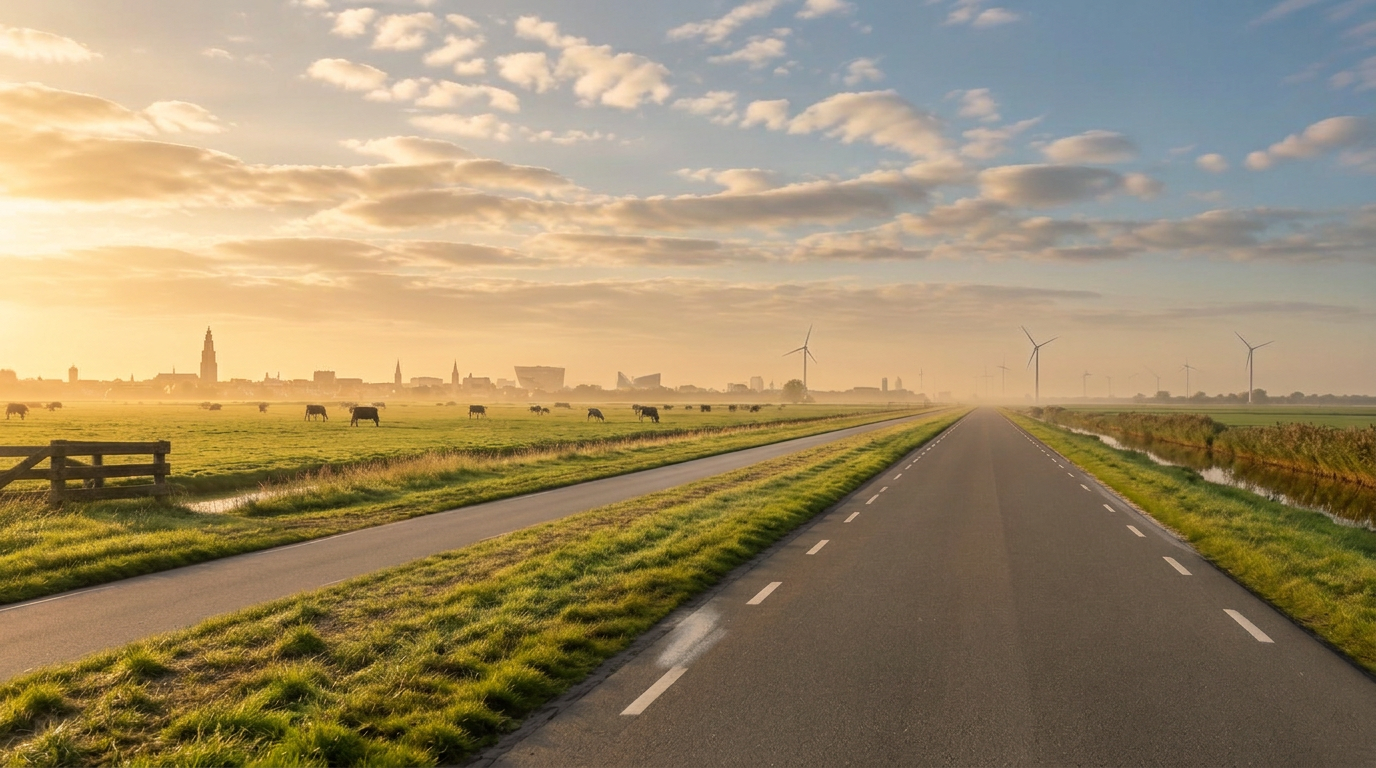 Een weg door het Groninger landschap, met de stad Groningen aan de horizon